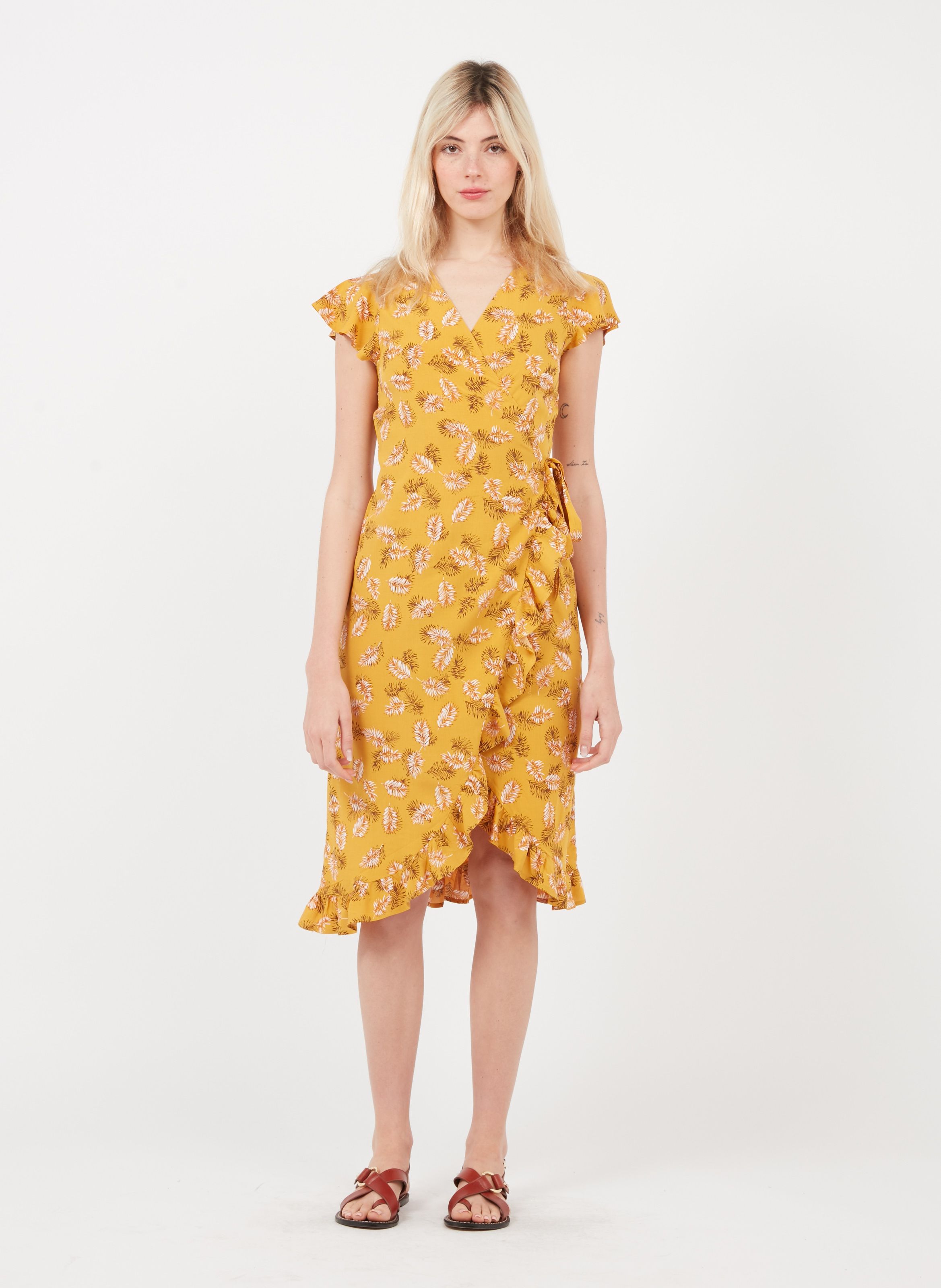 Leaf Print Midi Wrap Dress Mineral Yellow Vila - Women | Place des Tendances